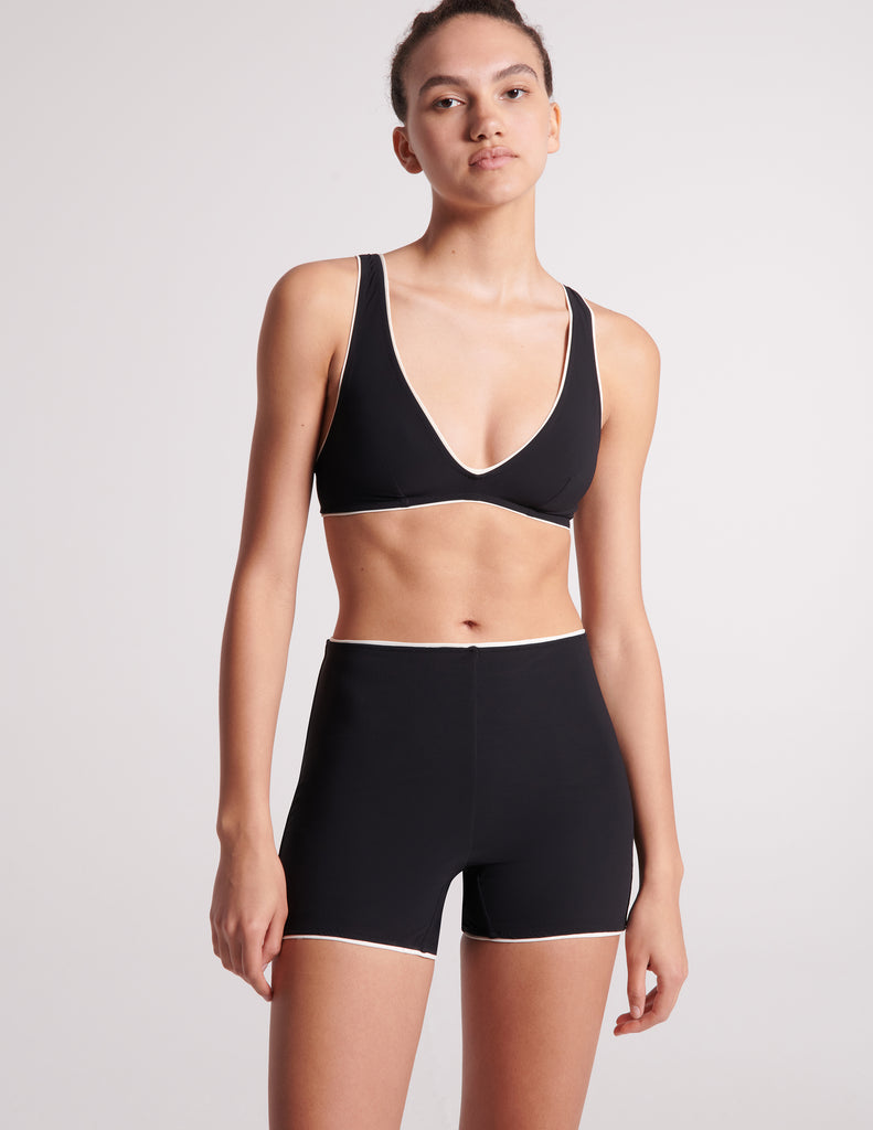On model image of black bikini top and swim shorts