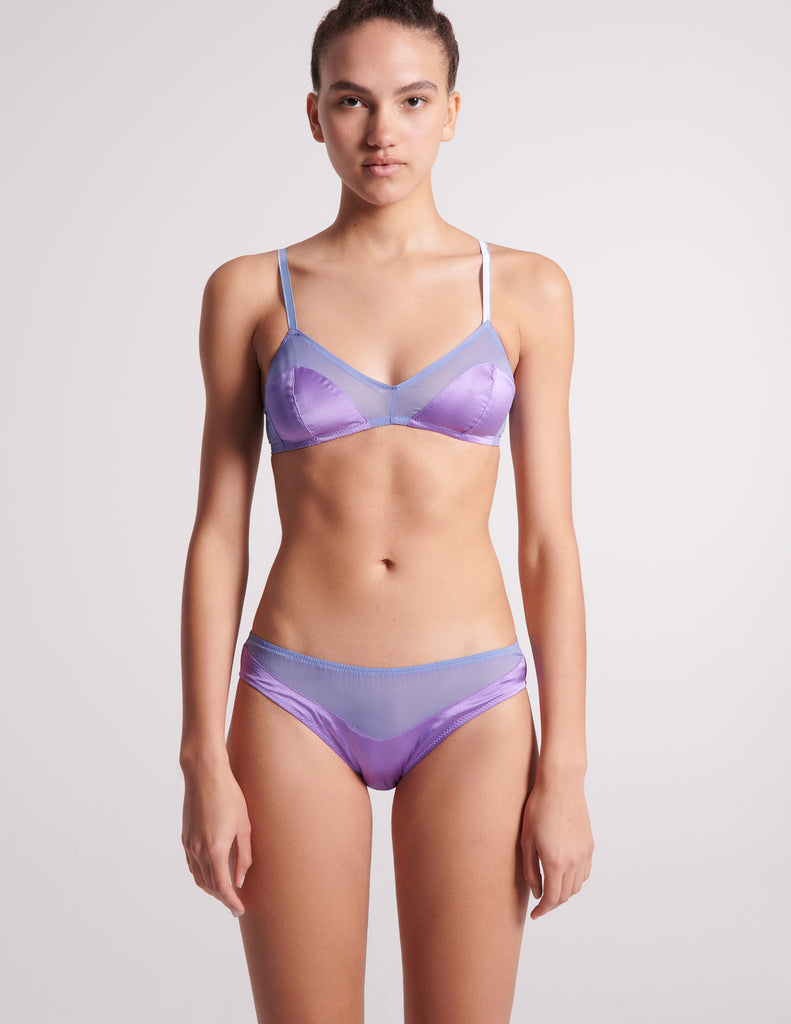 woman in purple silk bra and panty