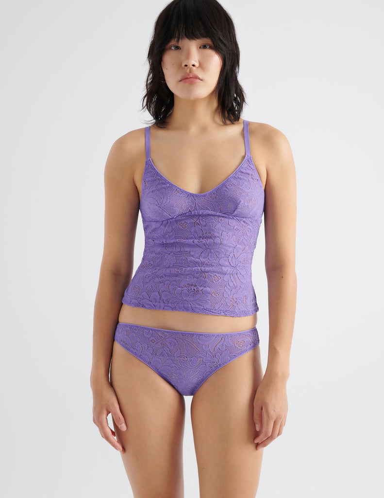 front view on model of purple lace tank and panty