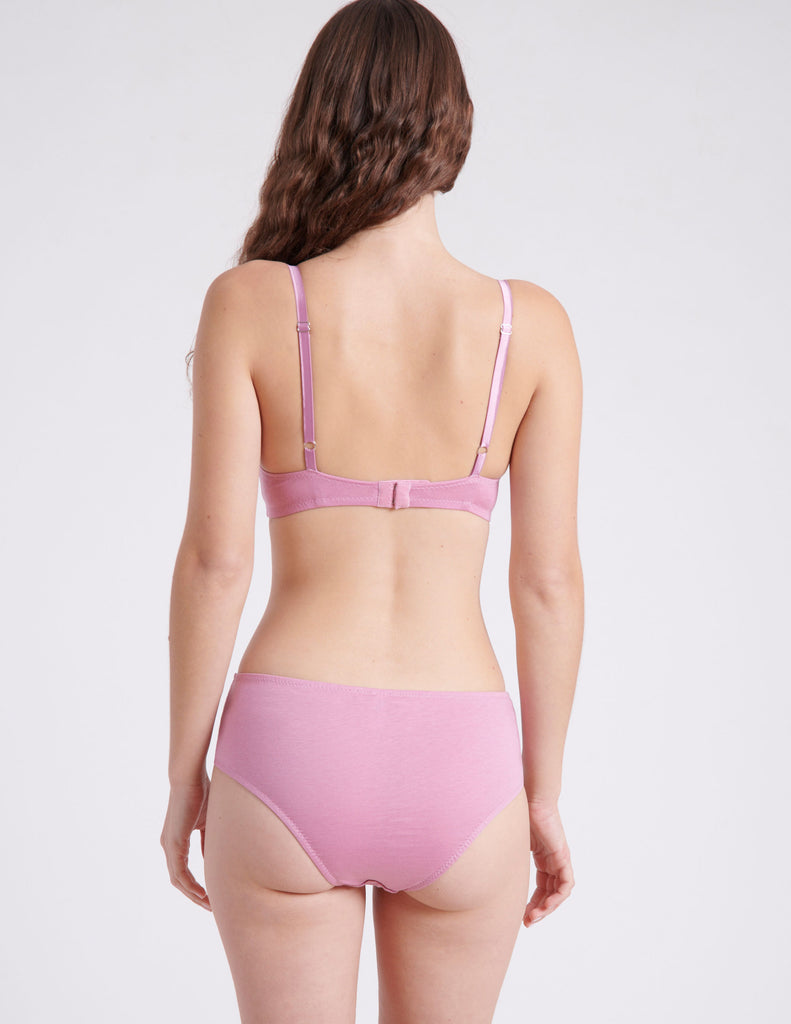 back view of pink underwire bra and panty