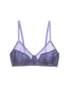 Flat image of blue cotton with purple silk bralette.