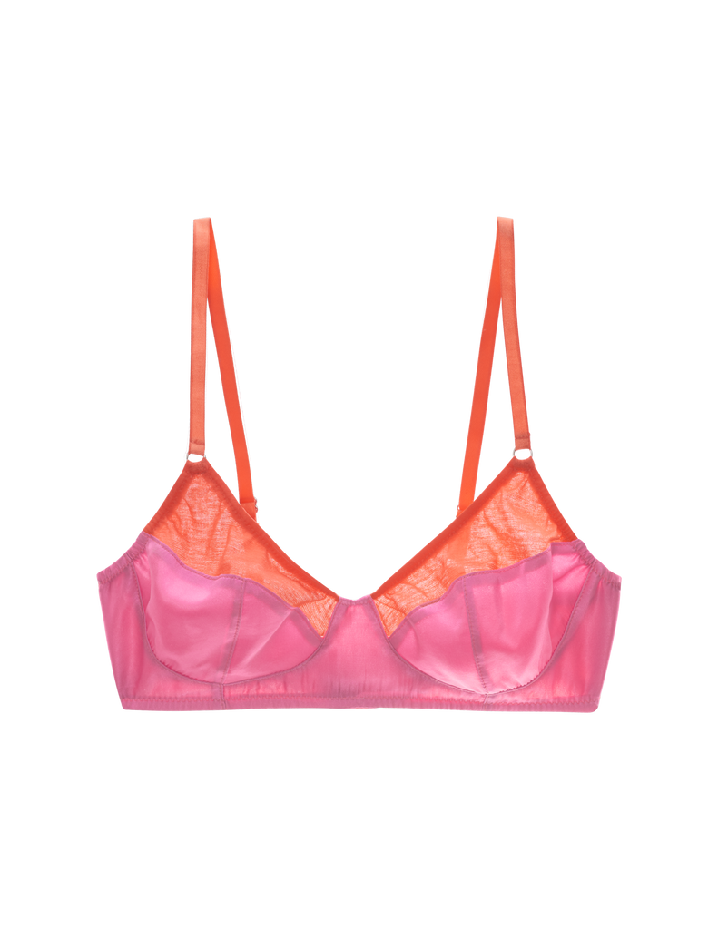 Flat image of orange cotton with pink silk bralette